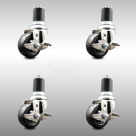 Service Caster 3 Inch 316SS Hard Rubber Swivel 1-3/4 Inch Expanding Stem Caster Set Brake SCC SCC-SS316EX20S314-HRS-TLB-134-4
